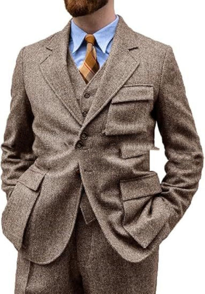 Wrinkle-free men's three-piece suit - slim-fit, herringbone wool, for formal events and business wear