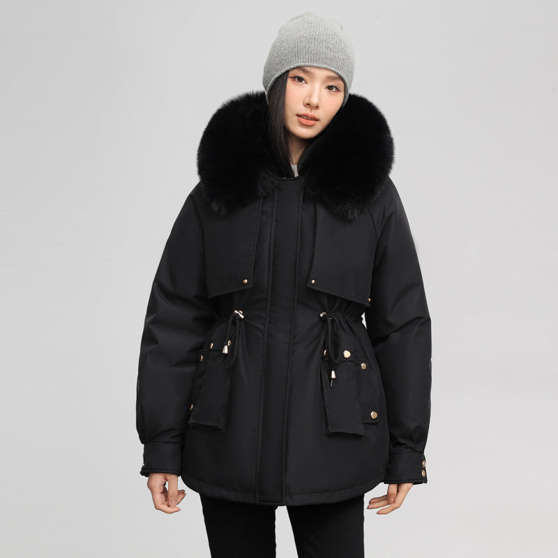 Insulating Womens Parka - Hooded Fur Collar, Cotton Padded