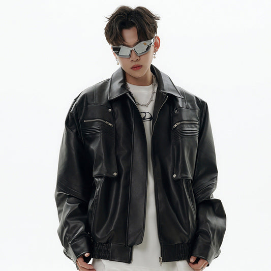 Soft men's PU leather jacket - motorcycle/biker style, durable PU leather, spring wear