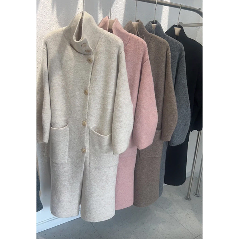 Warm Cozy Womens Wool Midlength Overcoat - Turtleneck Knit