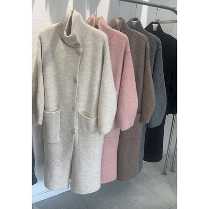 Warm Cozy Womens Wool Midlength Overcoat - Turtleneck Knit