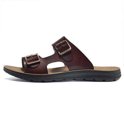 Non-slip men's sandals - double-buckle, PU leather, beach-ready footwear for everyday wear