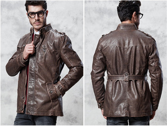Durable Men's Leather Jacket - Classic Stand-Up Collar, Zip-Front, Belted Waist, PU Leather, Casual Fall and Winter