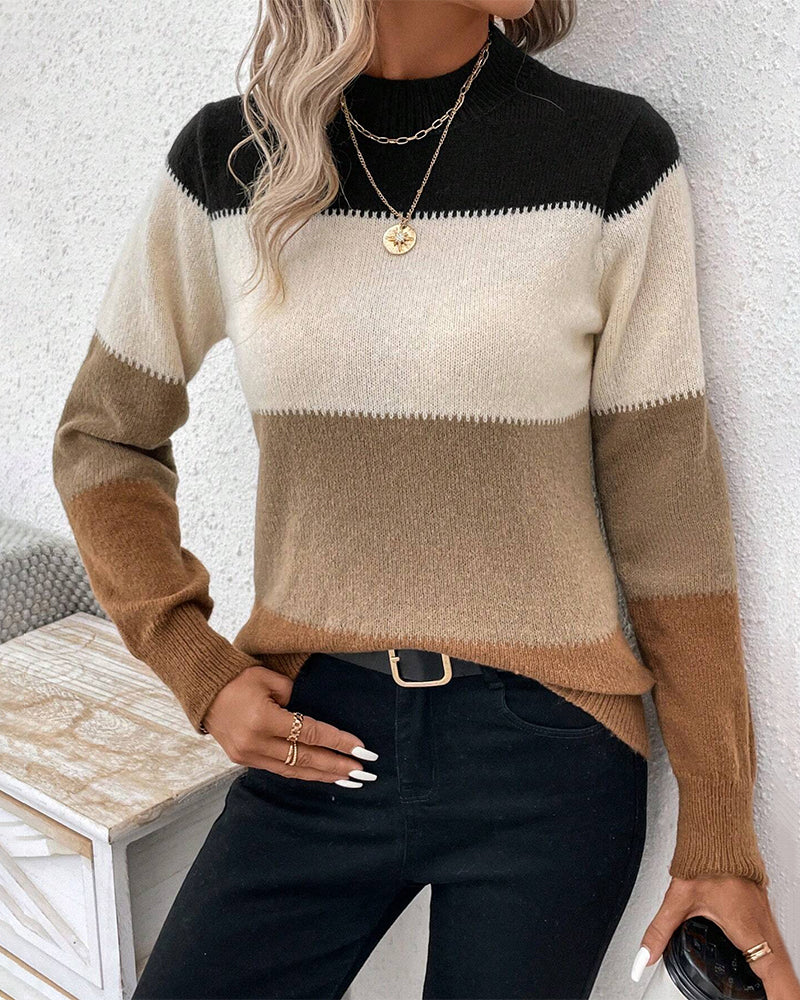 Pull doux pour femme à blocs de couleur - Col rond, tricoté, décontracté
