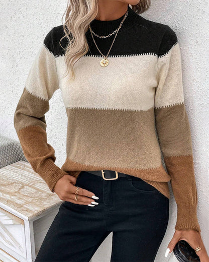Pull doux pour femme à blocs de couleur - Col rond, tricoté, décontracté
