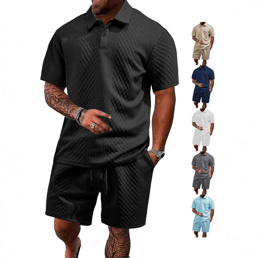 Breathable men's polo shirt and shorts set – durable textured pattern, polyester, for casual wear