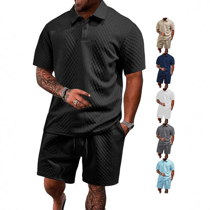 Breathable men's polo shirt and shorts set – durable textured pattern, polyester, for casual wear