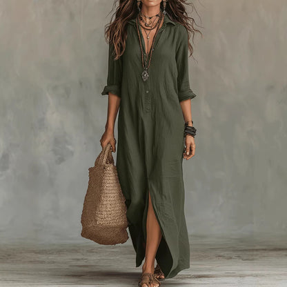 Soft women's flowy maxi dress - long-sleeve lapel-collar, solid, beach vacation