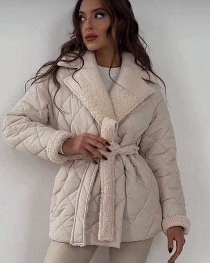 Warm Womens Coat - Quilted Sherpa Lapel, Belted Winter