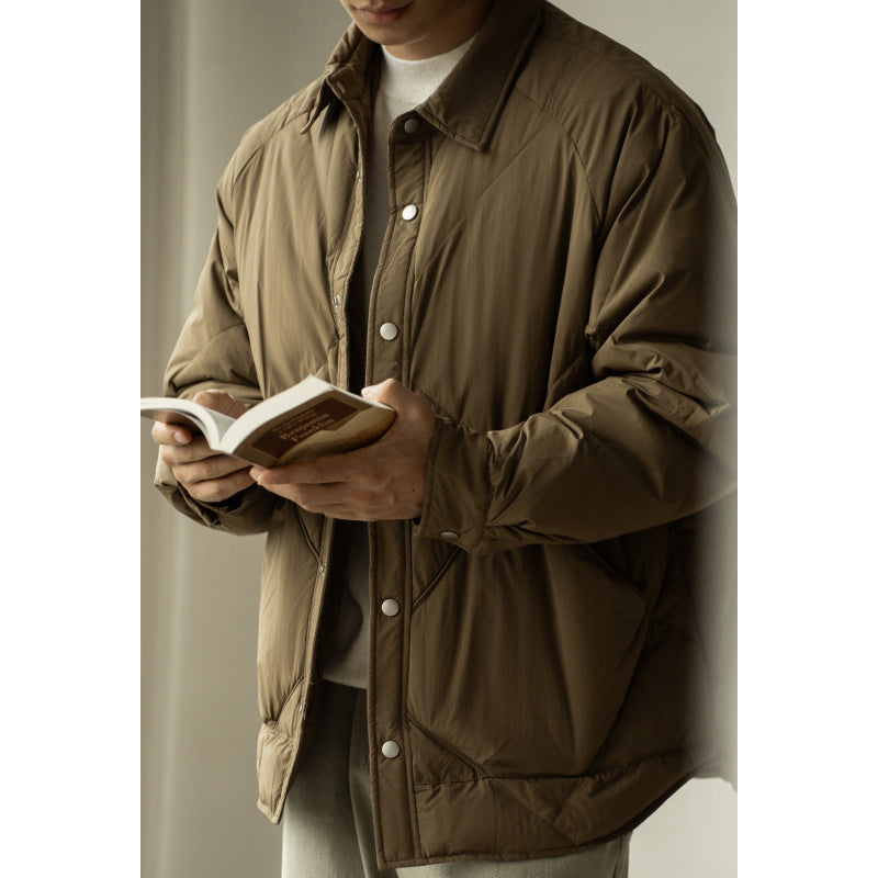Warm Men's Down Jacket - Shirt Collar, Nylon, Winter