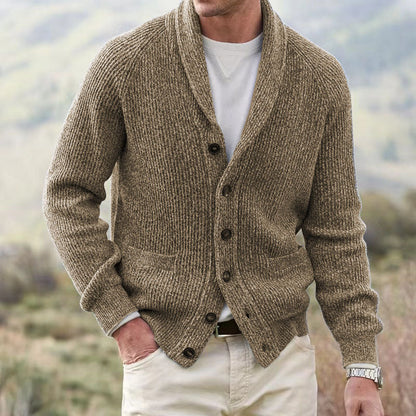 Varm herre sjalcardigan - ribstrik, flere knapper, afslappet