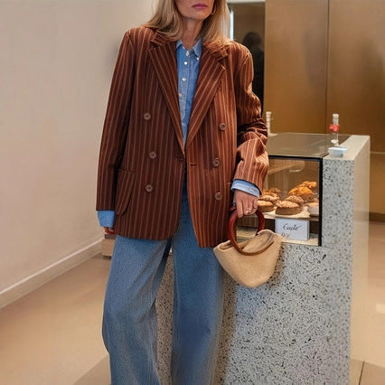 Lightweight women's striped blazer jacket - retro, double-breasted, polyester, for spring/autumn