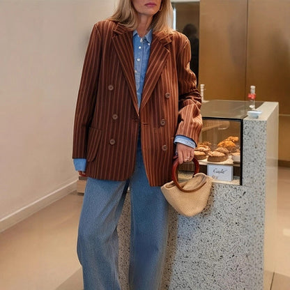 Lightweight women's striped blazer jacket - retro, double-breasted, polyester, for spring/autumn