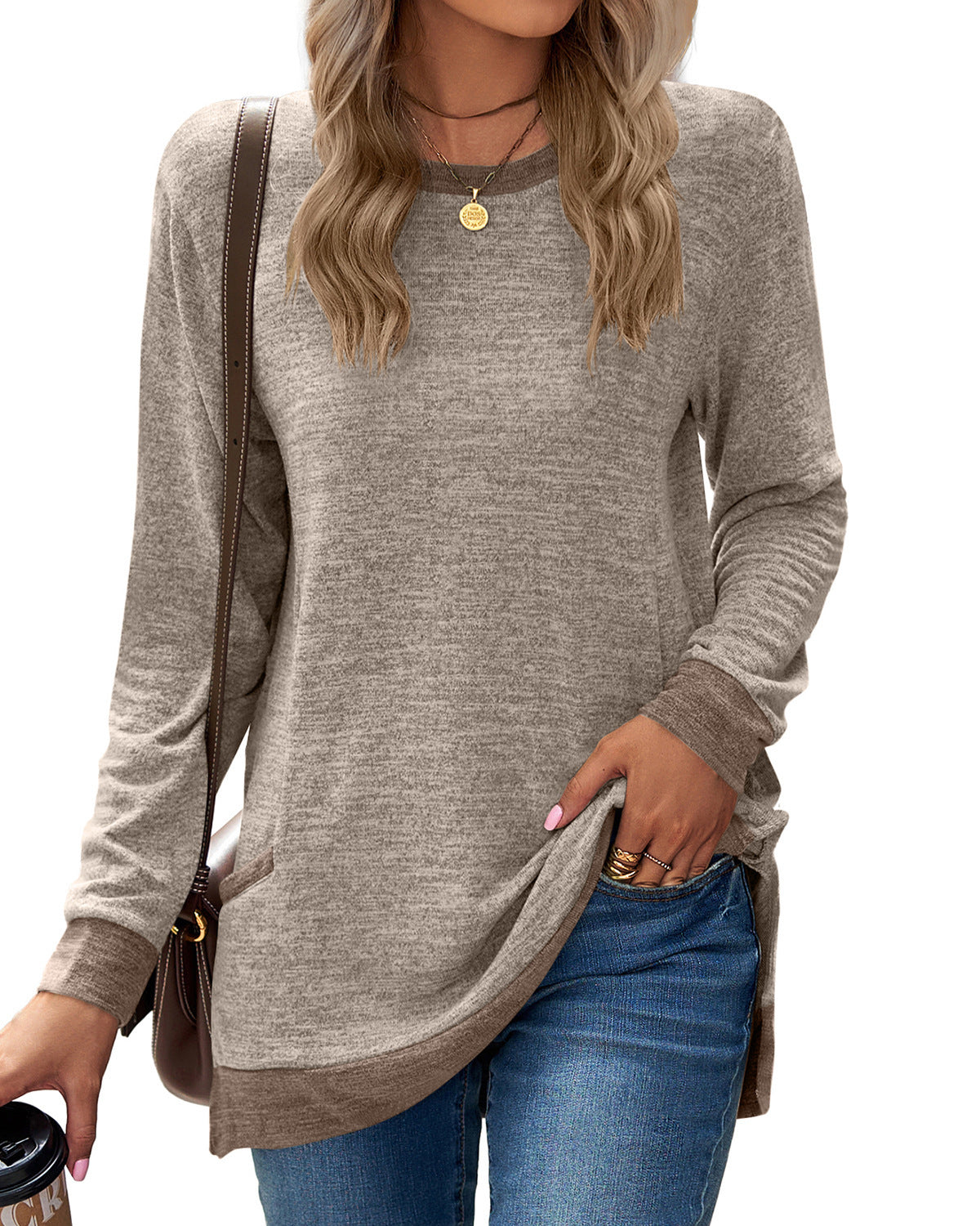 Soft Relaxed Women’s Long Sleeve Pullover - Round Neck Tunic, Cotton Cashmere Knit, Pocketed Mid Length Top For Casual Wear