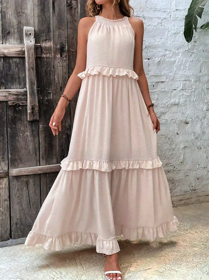 Elegant Halter Ruffle Floral Maxi Dress for Women, Lightweight Bohemian Long Dress, Flowing Fit-5