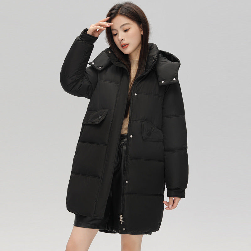 Warm Women's Puffer Coat - Boxy Mid-Thigh, Down Cotton