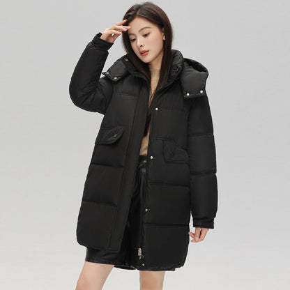 Warm Women's Puffer Coat - Boxy Mid-Thigh, Down Cotton
