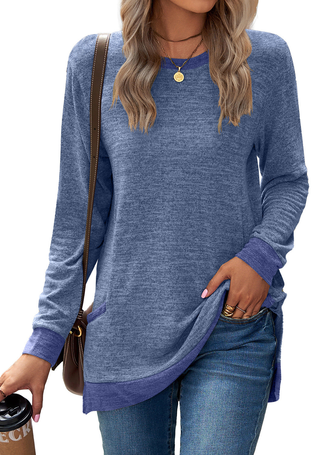 Soft Relaxed Women’s Long Sleeve Pullover - Round Neck Tunic, Cotton Cashmere Knit, Pocketed Mid Length Top For Casual Wear