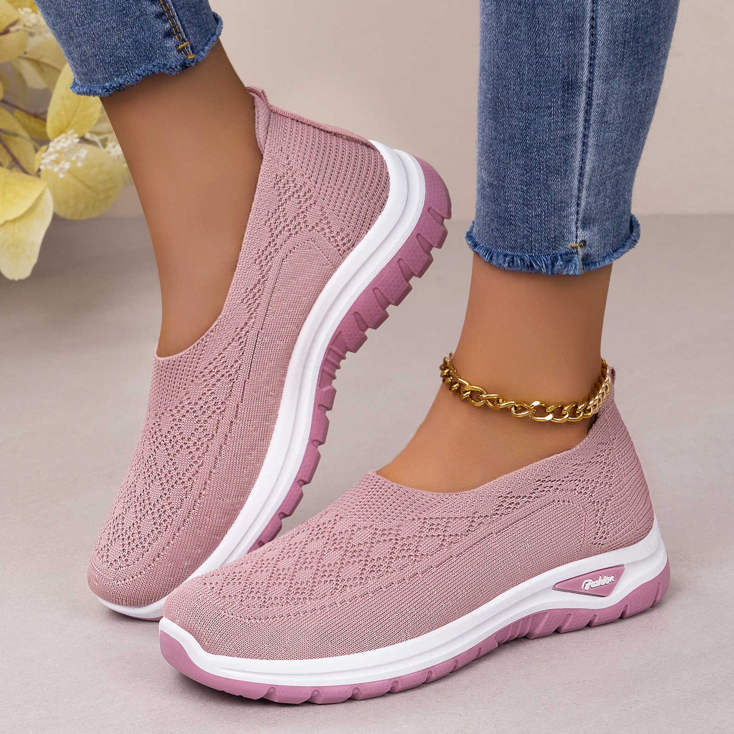 Letvægts damesko med mesh, slip-on – slip-on, strikket overdel, afslappet til daglig brug