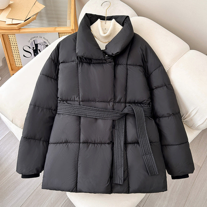 Warm Womens Puffer Coat - Belted Quilted Nylon Midthigh