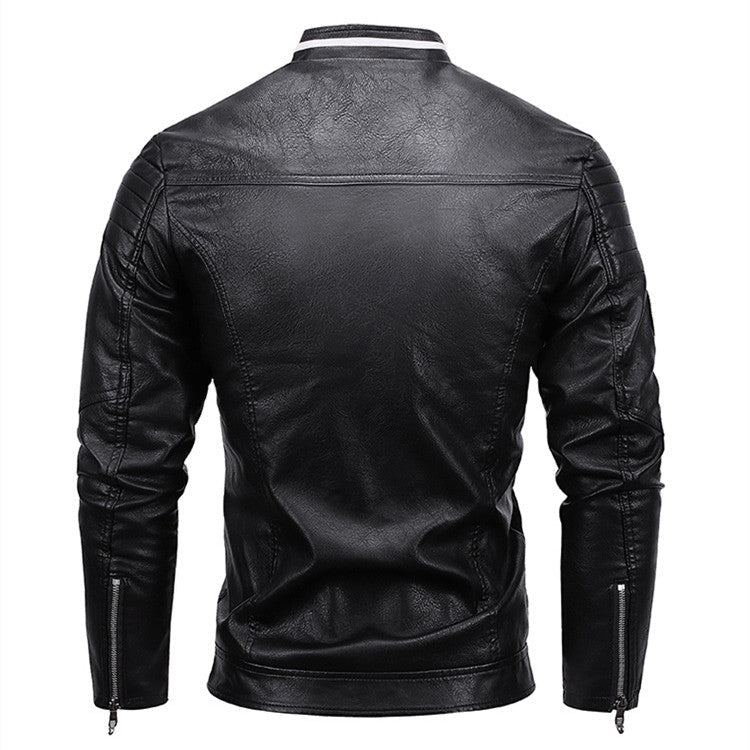 Cazadora de cuero para hombre cálida para motocicleta - corte biker con hombros acolchados y rayas de carreras, cuero PU, para paseos de otoño