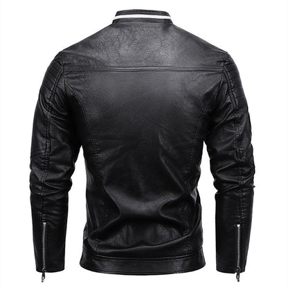 Cazadora de cuero para hombre cálida para motocicleta - corte biker con hombros acolchados y rayas de carreras, cuero PU, para paseos de otoño