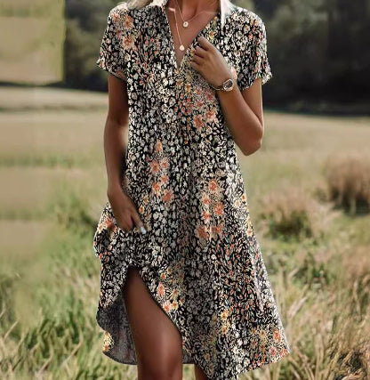 Soft women's dress - scoop neck, flowy mid-length silhouette, geometric print, casual everyday wear