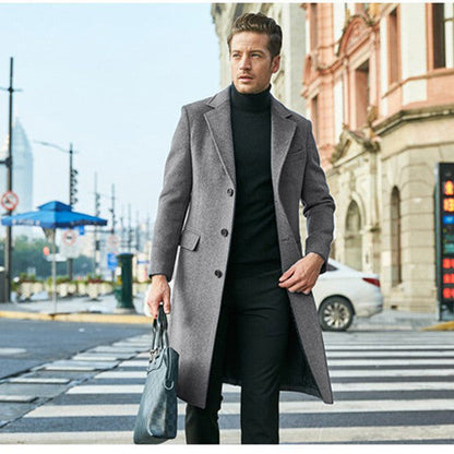 Warm Men's Wool Coat - Single Breasted, Polyester, City