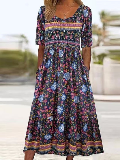 Lightweight women's maxi dress – A-line, ethnic-print, polyester, for casual summer outings