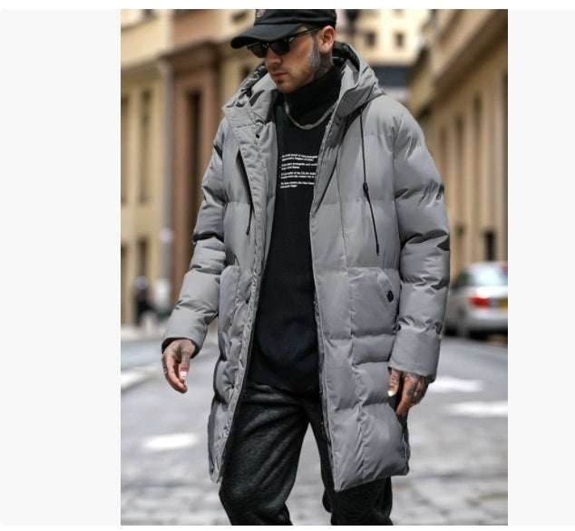 Warm Men's Long Puffer Coat - Hooded Quilted Cotton, Urban