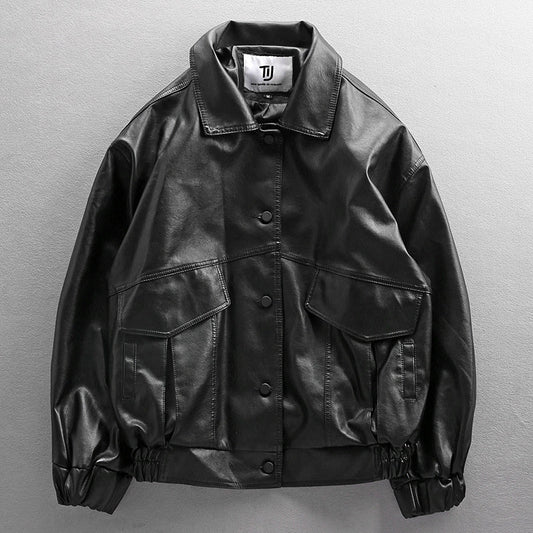 Oversized Men's Leather Jacket - Pilot Style, PU Leather, Durable Casual Streetwear
