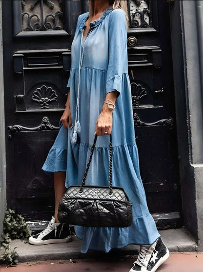 Elegant Denim Maxi Dress for Women, Long Sleeve Flattering Silhouette, Breathable Fabric for Casual and Formal Events-3