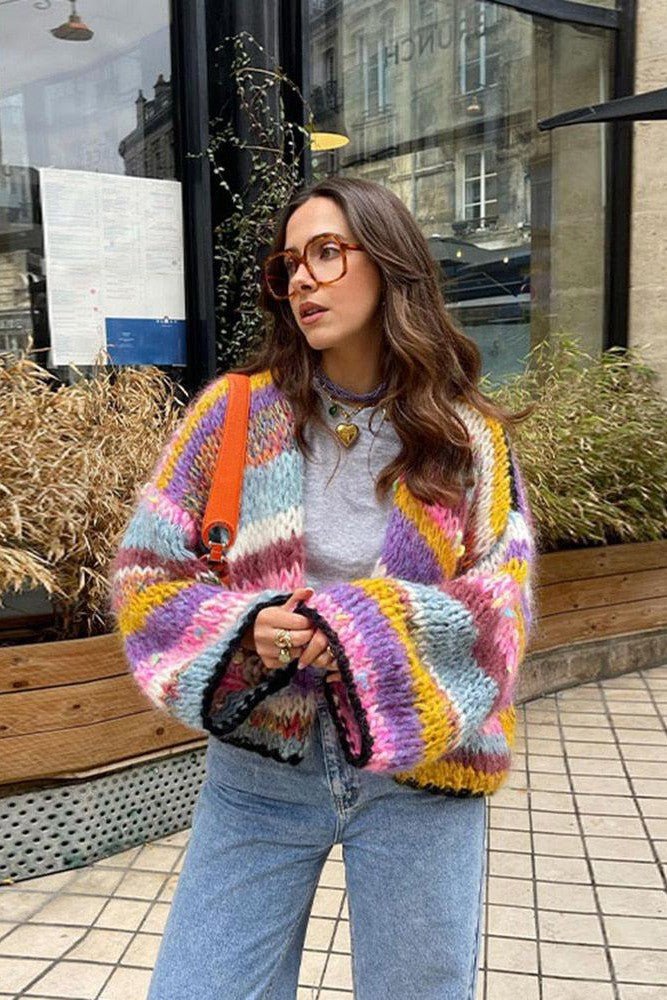 Oversized Women Cropped Cardigan - Boxy Knit Wool Layering