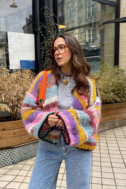 Oversized Women Cropped Cardigan - Boxy Knit Wool Layering