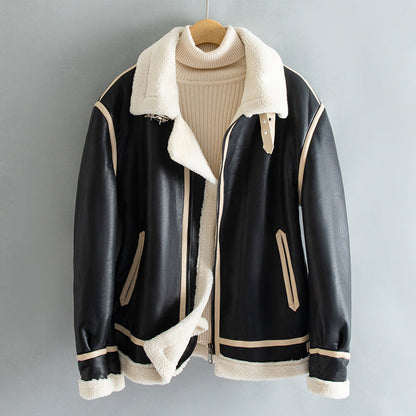 Chaqueta Unisex Cálida - Cuero Sintético Forrado de Borrego, Estilo Motociclista, Cierre Frontal con Cremallera, Para Uso en Invierno