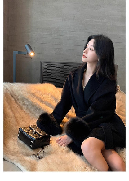 Varm lång kappa för kvinnor - sjalkrage, ull, för vinter