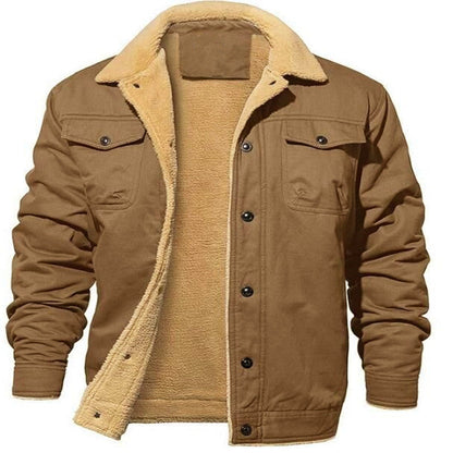 Warm Durable Men's Jacket - Trucker Cut, Sherpa Lined Cotton Canvas, For Fall And Winter