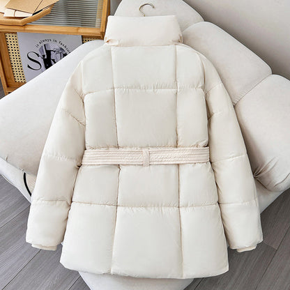 Warm Womens Puffer Coat - Belted Quilted Nylon Midthigh
