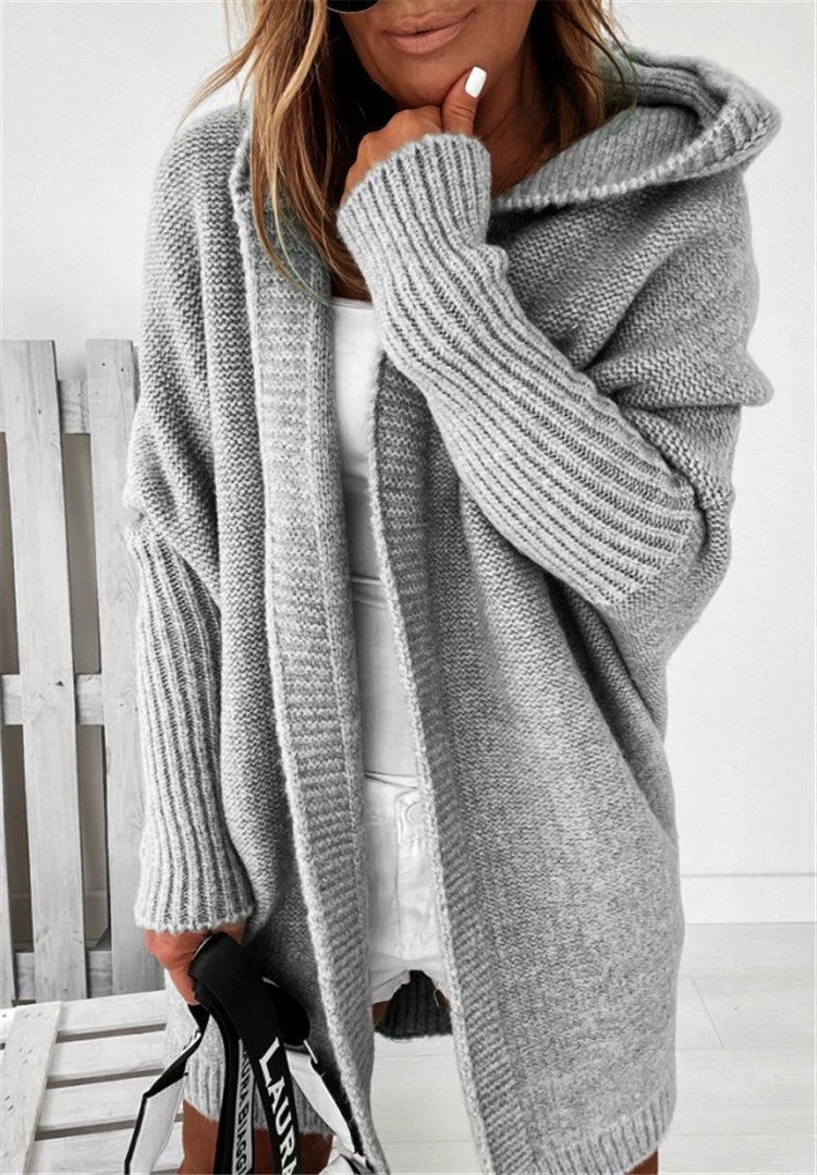 Warm Women's Hooded Cardigan - Batwing Knit, For Autumn