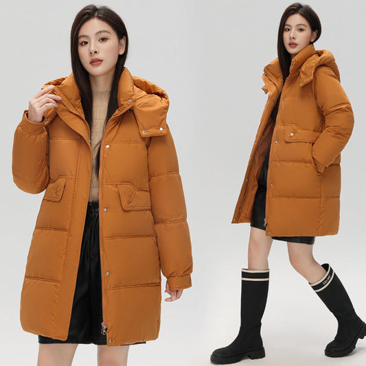 Warm Women's Puffer Coat - Boxy Mid-Thigh, Down Cotton