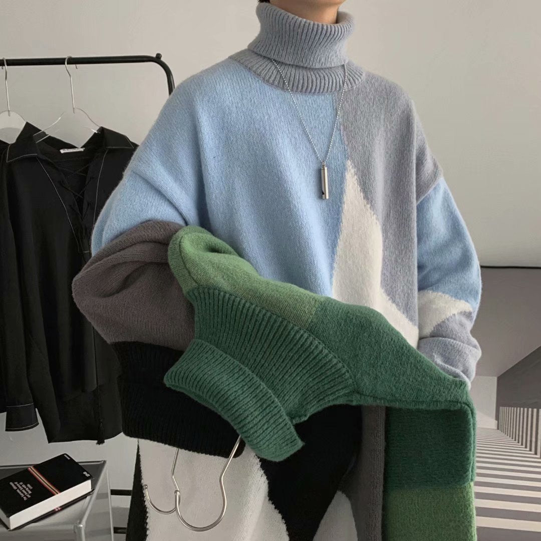 Warm Men Turtleneck Sweater - Oversized Polyester Knit