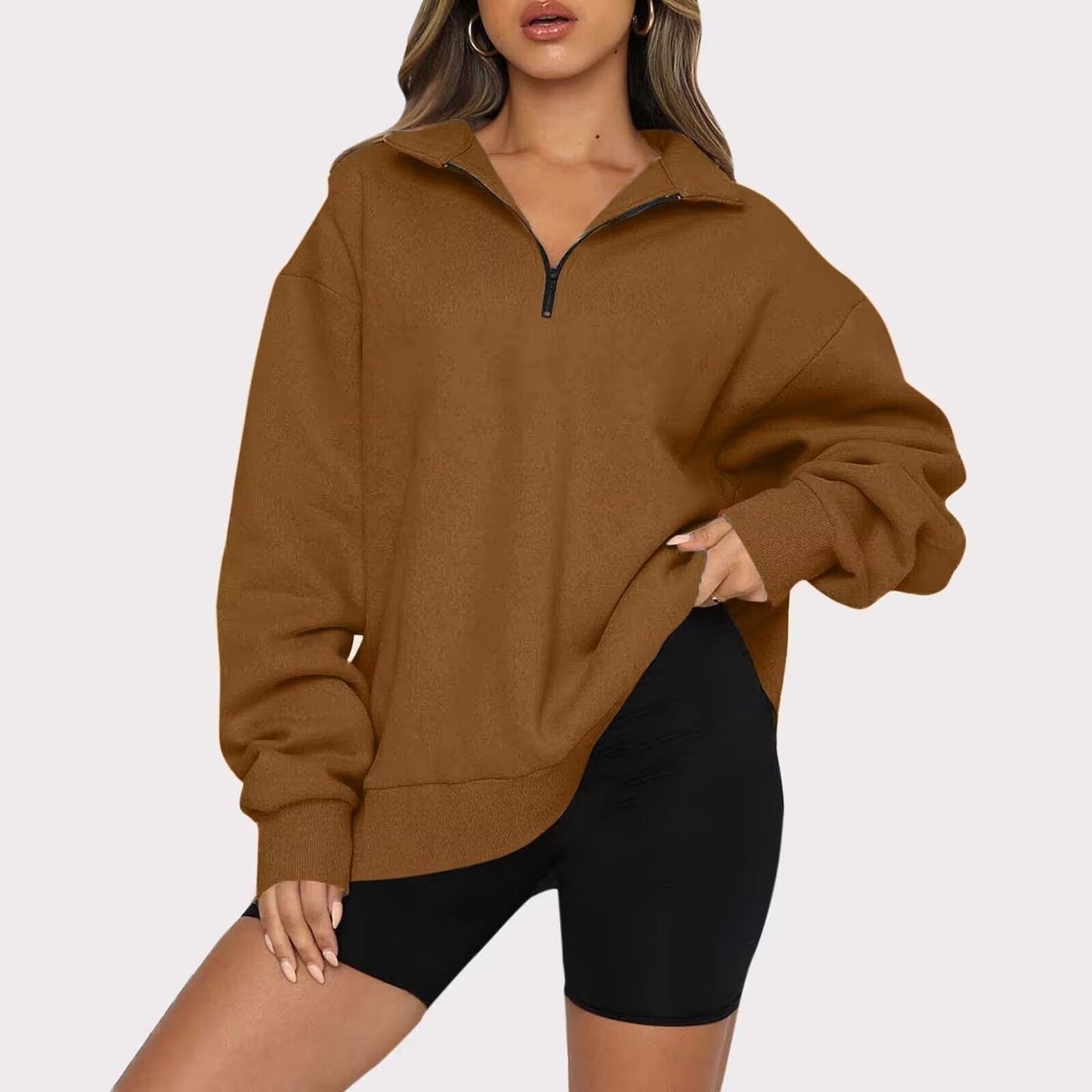 Lightweight Women Zip Sweatshirt - Oversized Pullover Casual