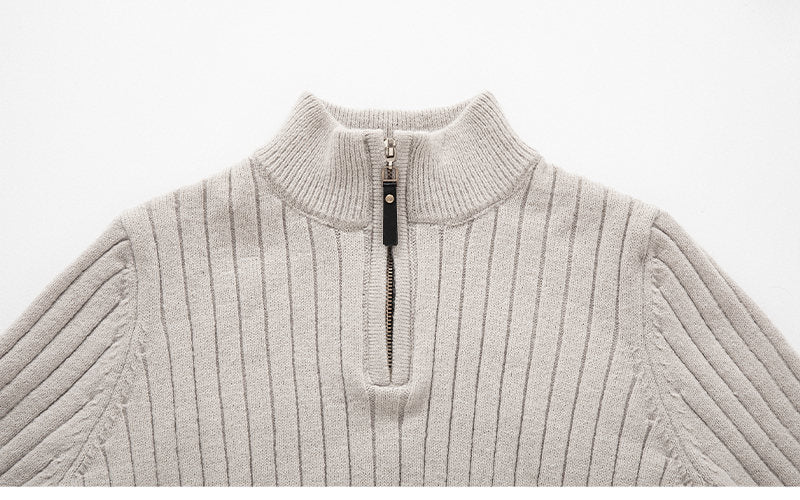 Fitted Men's Half Turtleneck Zip Sweater - Ribbed Knit