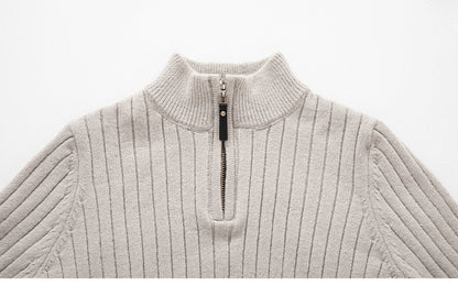 Fitted Men's Half Turtleneck Zip Sweater - Ribbed Knit