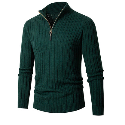 Fitted Men's Half Turtleneck Zip Sweater - Ribbed Knit