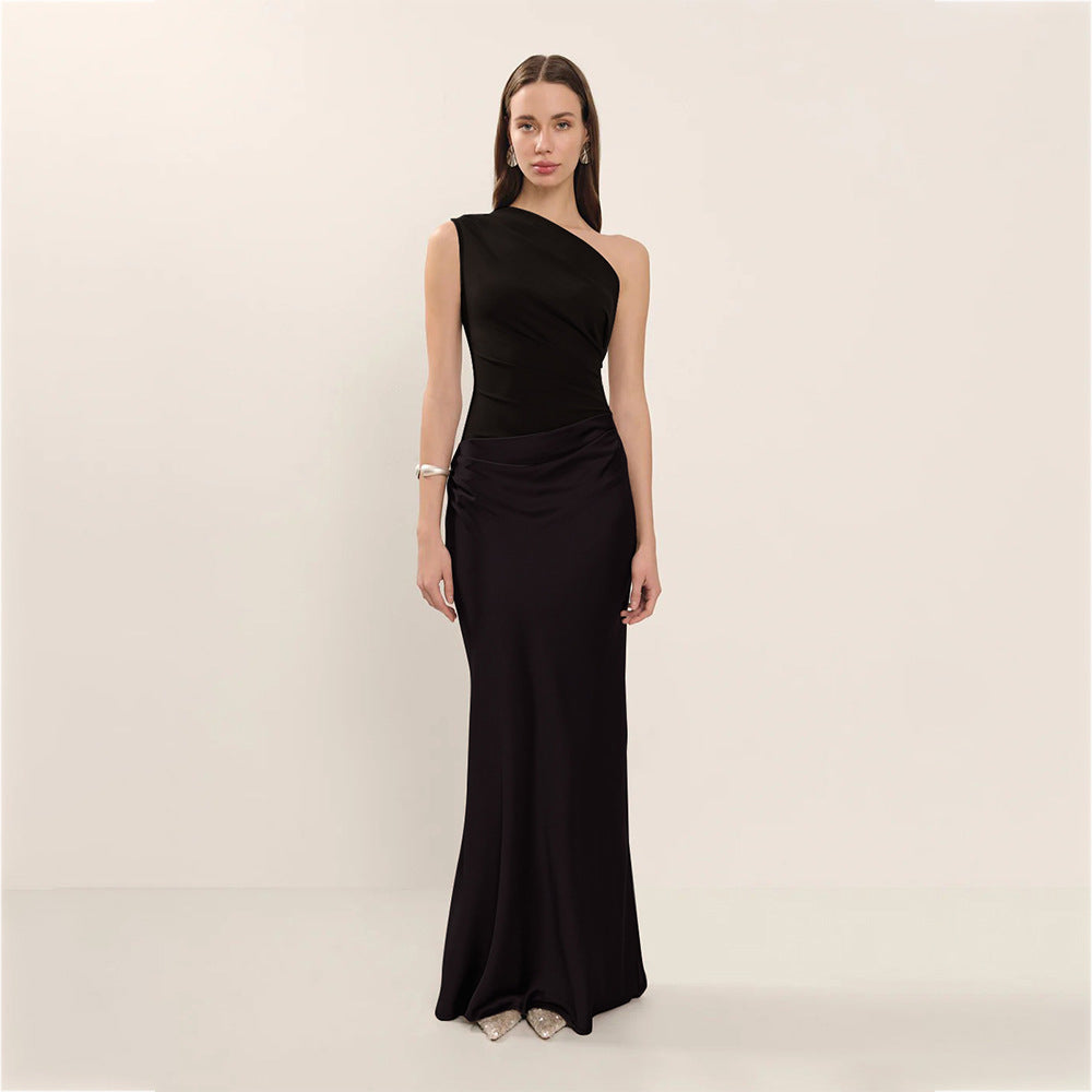 Fitted women's dress - asymmetric one-shoulder sheath, satin, for formal evening events and special occasions