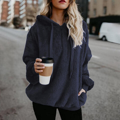 Weicher Lässiger Damen-Hoodie - Pullover mit halbem Reißverschluss, Fleece