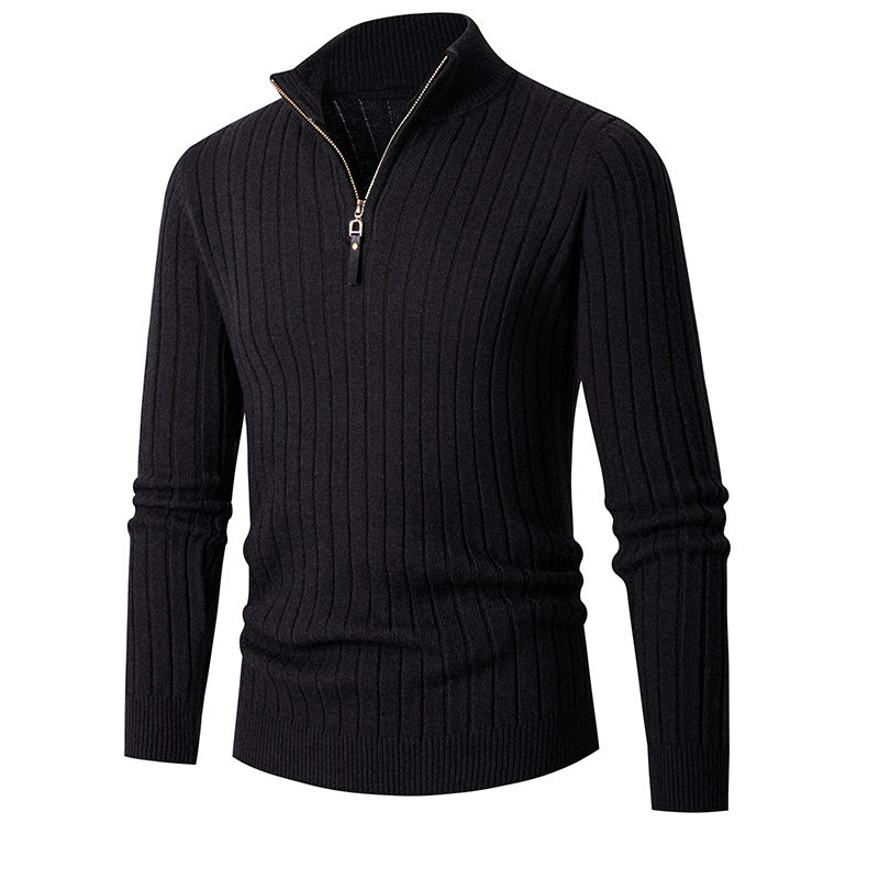 Fitted Men's Half Turtleneck Zip Sweater - Ribbed Knit