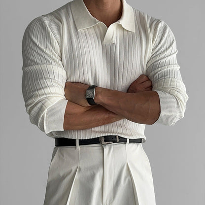 Fitted Men's Long Sleeve Polo Shirt - Ribbed Knit, Casual