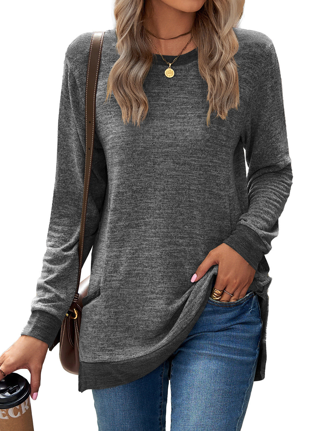 Soft Relaxed Women’s Long Sleeve Pullover - Round Neck Tunic, Cotton Cashmere Knit, Pocketed Mid Length Top For Casual Wear